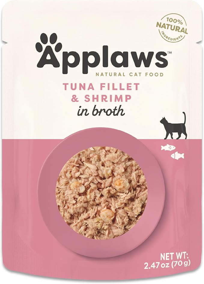 Applaws Natural Wet Cat Food in Broth, Limited and Natural Ingredients, High Protein with No Artificial Additives, Tuna Fillet & Shrimp in Broth (12 x 2.47oz Pouches)