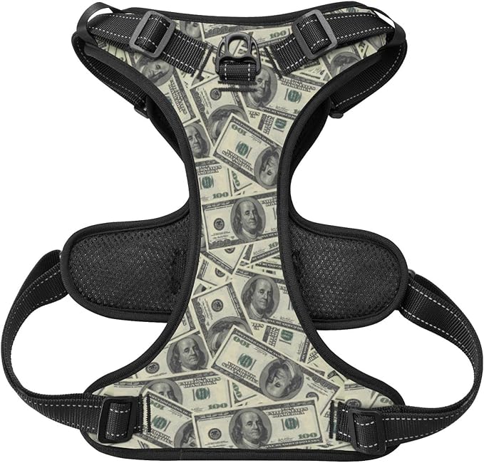 No Pull Dog Harness for X-Large Dogs Easy Walk Dog Vest Adjustable Collars Harnesses & Leashes Set Breathable Oxford Outdoor Walking Safety Reflective Strip Dollar Cash Prints