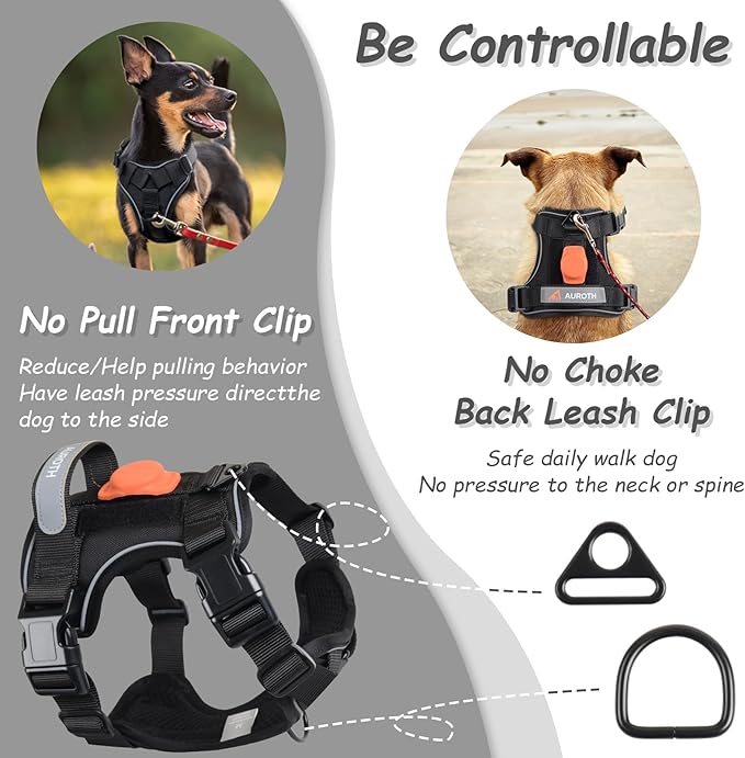 AUROTH XL Dog Harness, No Pull Dog Vest Harness with Handle, AIRTAG Holder, Reflective Strips, Adjustable, Large Dog Harness, Black