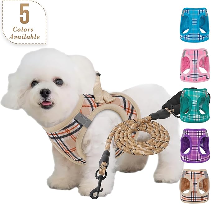 Athena Collection Small Dog Harness with 5 ft Leash, Step-in Dog Harness Leash Set Small No Pull Dog Vest Harness with Reflective Strips Adjustable Velcro, Easy Walk Puppy Harness, Beige