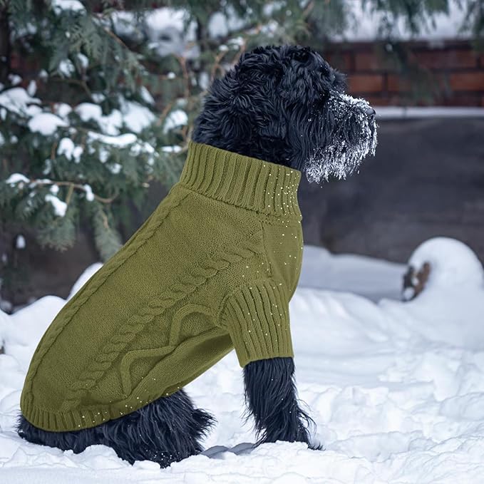 Queenmore Small Dog Pullover Sweater, Cold Weather Cable Knitwear, Classic Turtleneck Thick Warm Clothes for Chihuahua, Bulldog, Dachshund, Pugl,OliveGreen,XL