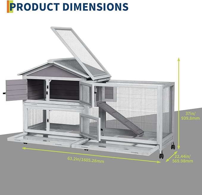 Rabbit Cage with Ramp & Waterproof Roof, Bunny Hutch for Indoor/Outdoor, 2-Story Design, Rabbit Hutch with 6 Lockable Caster Wheels & Three Pull-Out Trays(63.2" l x 22.4" w x 37")