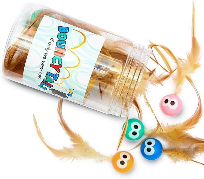 Bouncy Tails 15-Pack Cat Ball Toy with Natural Feathers, Interactive Cat Toys for Bored Indoor Adult Cats, Feather Cat Toy for Indoor Cats and Playful Kittens