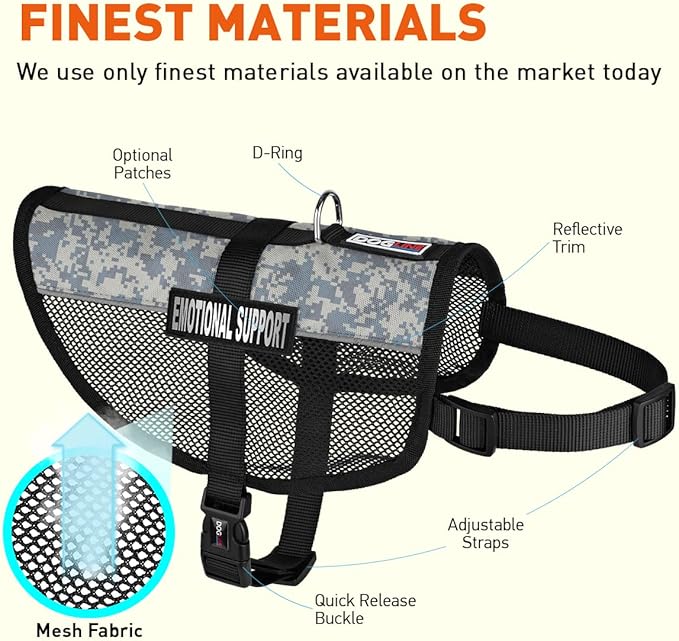 Dogline MaxAire Vest Emotional Support Removable Patch Adjustable Harness Reflective for Puppies Small Medium and Large Dogs 22 by 29 Inch Girth Urban Camo