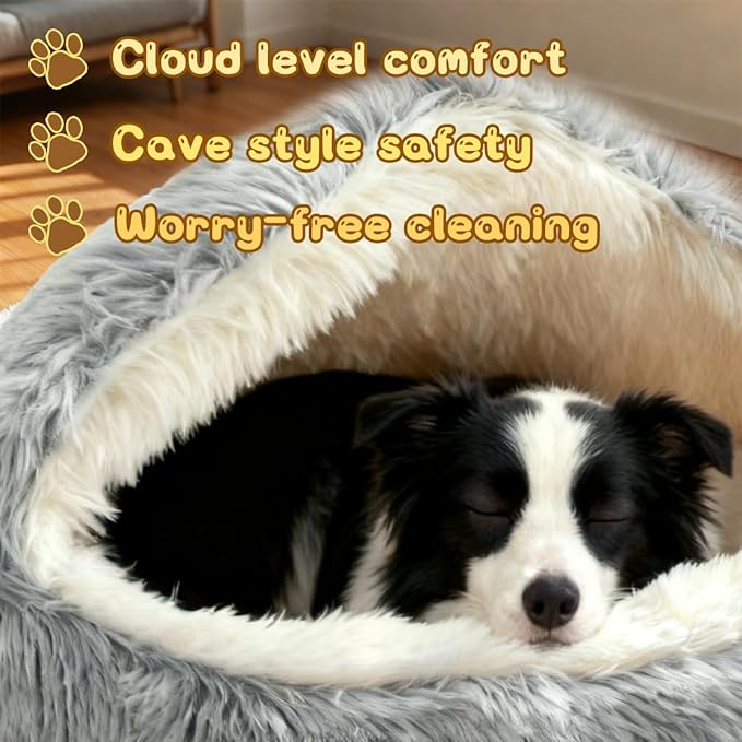 ShinHye Round Plush Fluffy Hooded Cat Bed Cave, Cozy for Indoor Cats or Small Dogs, Waterproof Bottom, Washable(40 in)
