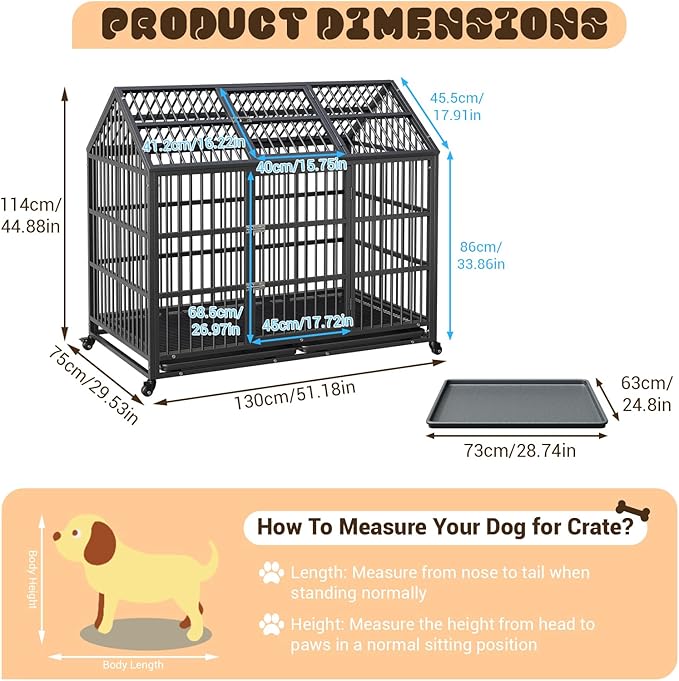 Heavy Duty Dog Crate, 52 Inch Dog Crate with Double Door, 360° Lockable Wheels and Removable Tray, Easy to Assembly,Indoor Dog Cage for Small Medium Large Dogs