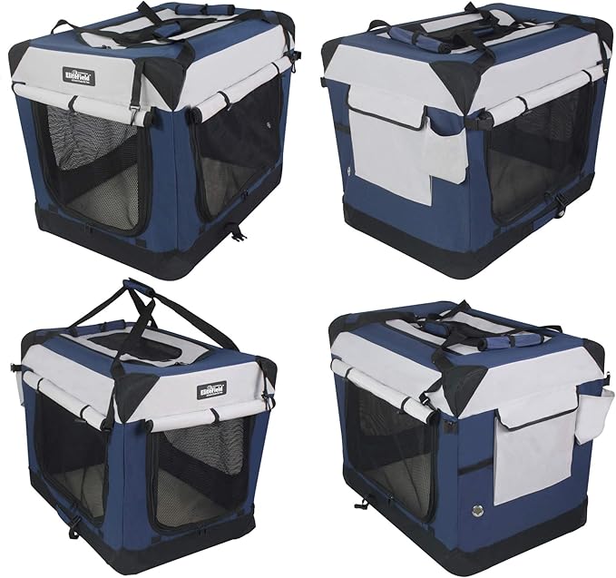 EliteField 4-Door Folding Soft Dog Crate with Curtains, Carrying Bag and Fleece Bed (2 Year Warranty), Indoor & Outdoor Pet Home (24" L x 18" W x 21" H, Navy Blue+Gray)