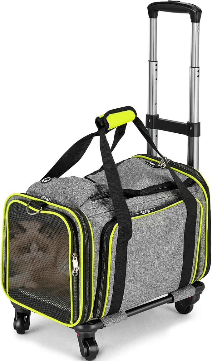 Pet Carrier with Wheels for Cat and Small Dog, Expandable Airline Approved Pet Carrier for Animal Under 15 lbs, Rolling Cats Puppy Carriers Travel Bag for Traveling and Camping
