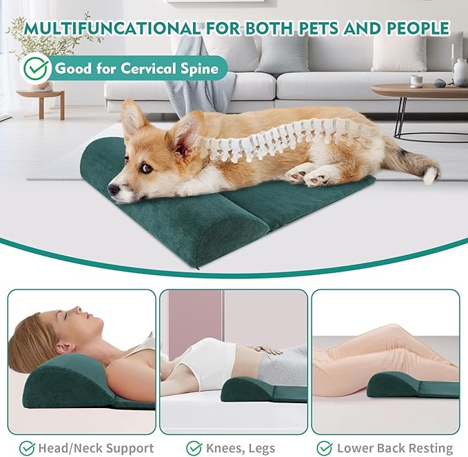 Dog Cat Bolster Pillow with High Resilience Foam, Headrest for Large Dogs, Benefit for Cervical Vertebra and Neck, Easy to Carry, Machine Washable Cover&Easy to Clean(Green)