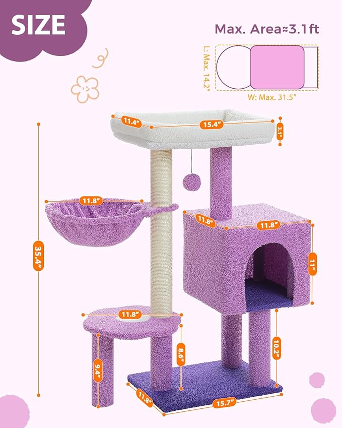 Cute Cat Tree - 35.4" Purple Cat Tower Cat Condo for Indoor Cats w/Removable Cloud Bed, Cozy Metal Frame Hammock, Sisal Scratching Post, and Replaceable Toy Ball, for Small-medium Cats, Purple