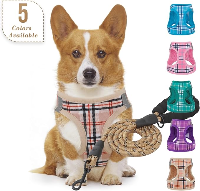 Athena Collection Step-in Dog Harness with 5 ft Leash, Small to Medium Dog Harness Leash Set Medium No Pull Dog Vest Harness with Reflective Strips Adjustable Velcro, Easy Walk Puppy Harness, Beige
