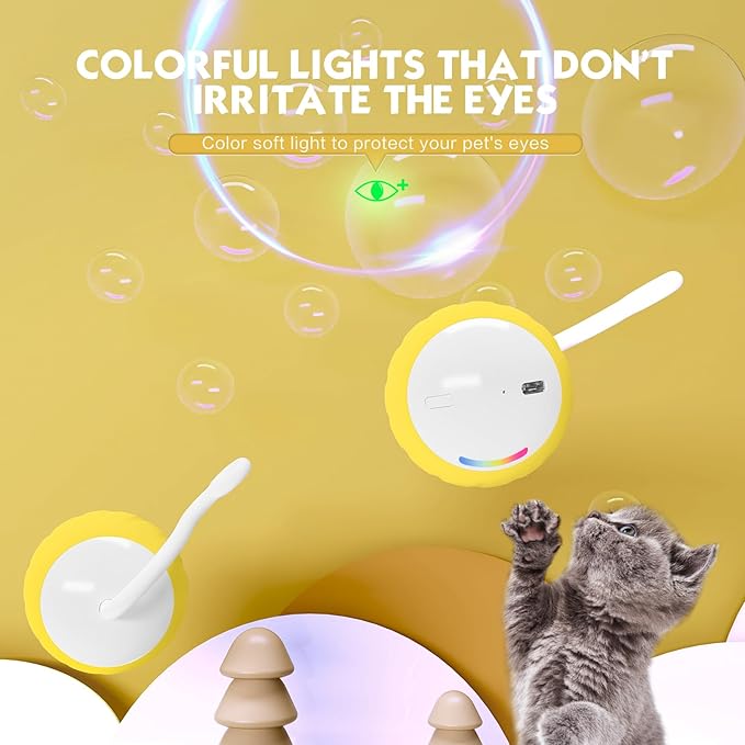 Interactive Cat Toys Ball - Electric Automatic Toys for Indoor Cats, LED Lights and Toys Feather Tail with Sound Activated and Touch, USB Rechargeable, 2peeds Mode for Bored Kittens/Adult Cats