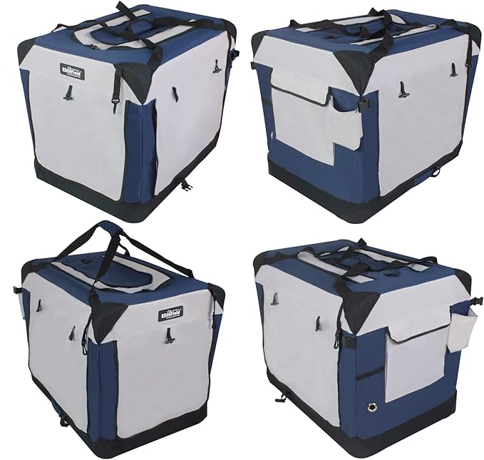 EliteField 4-Door Folding Soft Dog Crate with Curtains, Carrying Bag and Fleece Bed (2 Year Warranty), Indoor & Outdoor Pet Home (24" L x 18" W x 21" H, Navy Blue+Gray)