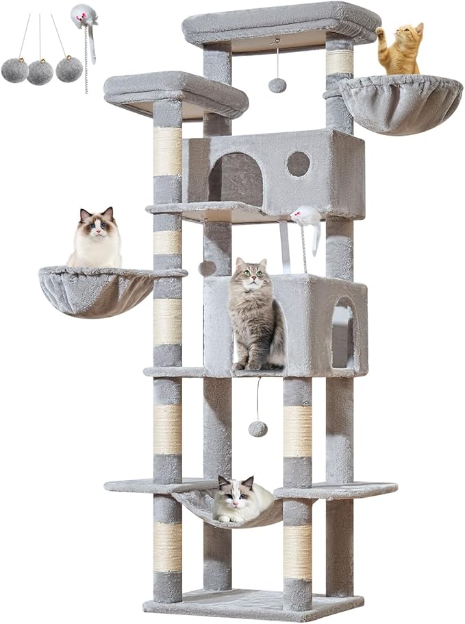 Taoqimiao Tall Cat Tree, 76-Inch Cat Tower with Scratching Posts,Sturdy Cat tree for Indoor Cats Large Adult with 2 Condos, 2 Perches, 2 Hanging Baskets, Hammock, 8 Scratching Posts, MS046W Light Gray