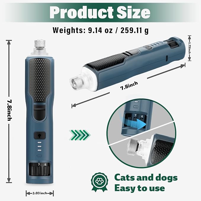 Dog Nail Grinder 7-Speed & 360° LED Light, Professional Pet Nail Grinder for Dogs and Cats, Electric Dog Nail Trimmer Painless Paws Grooming & Smoothing Tool for Large Small Dogs Cats Pets