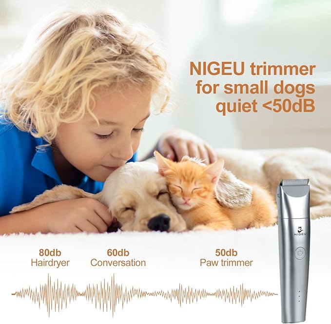 Dog Clippers Grooming Kit Hair Clippers with Nail Grinder Set 4 in 1, Cordless Electric Trimmer- Low Noise Paw Trimmer-USB Rechargeable Quiet Nail Grinder Shaver for Cats and Other Pets (Sliver)