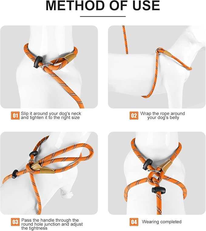 Lynxking No Pull Rope Dog Harness No Pull Reflective Leash Harness Collar 3 in 1 Dog Halter Harnesses Adjustable for Large Giant Dog (Orange, Extra Large(up to 80Ibs) 10ft*1/2")