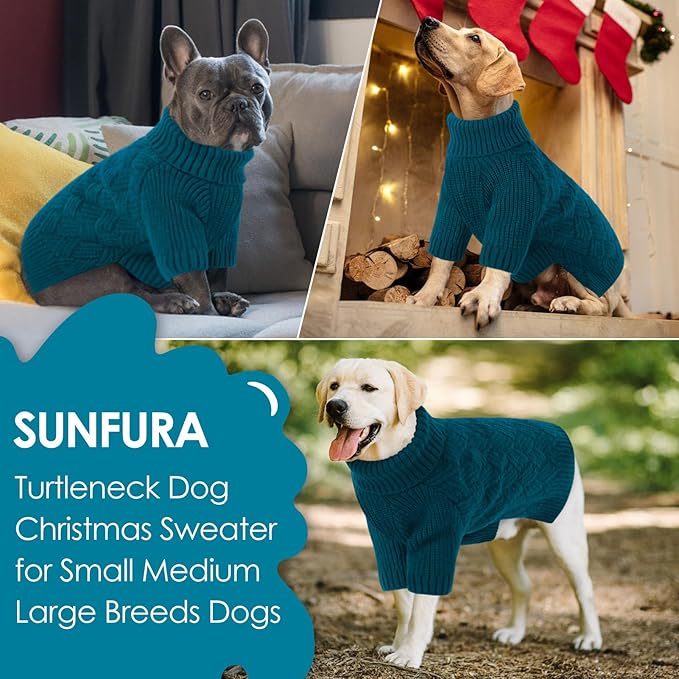 SUNFURA Small Dog Sweater, Turtleneck Dog Sweater for Cold Weather, Puppy Knitwear Pullover for Christmas Thanksgiving, Pet Winter Knitted Sweatshirt for Pug Dachshund, Blue S