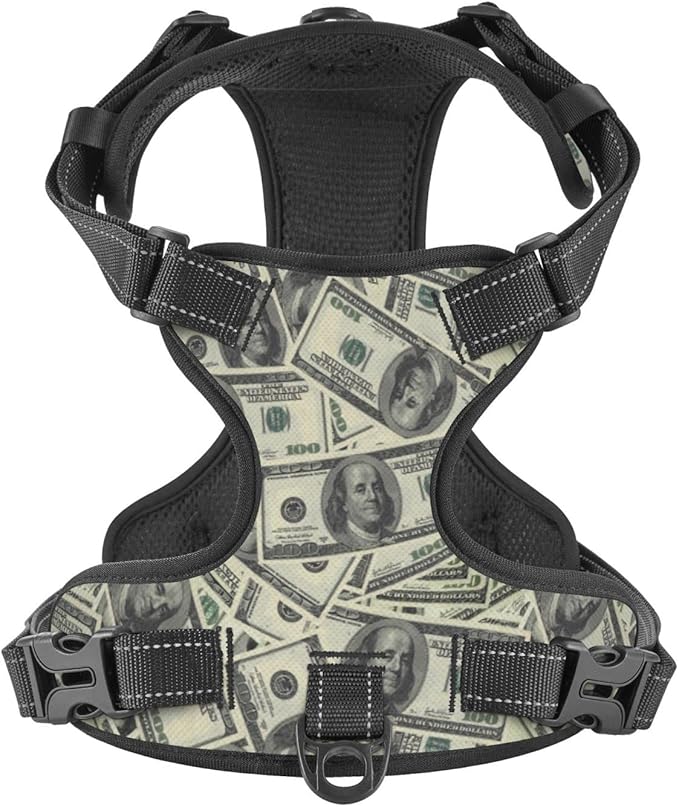 No Pull Dog Harness for X-Large Dogs Easy Walk Dog Vest Adjustable Collars Harnesses & Leashes Set Breathable Oxford Outdoor Walking Safety Reflective Strip Dollar Cash Prints