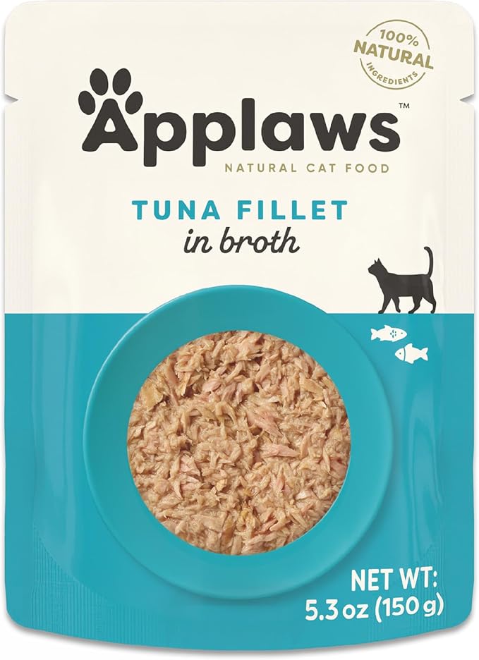 Applaws Natural Wet Cat Food in Broth, Limited and Natural Ingredients, High Protein with No Artificial Additives, Tuna Fillet in Broth (12 x 5.3oz Pouches)