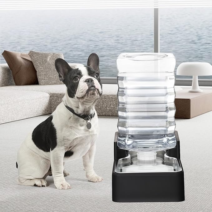 RIZZARI Stainless Steel Pet Water Feeder: 8.5L Black Automatic Leak-Proof Gravity Dispenser for 30-60 LB Dogs with Arthritis - Without Filter - Ideal for Garage Living Room