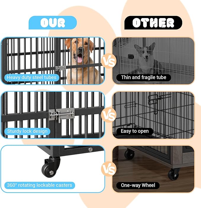 Heavy Duty Dog Crate, 52 Inch Dog Crate with Double Door, 360° Lockable Wheels and Removable Tray, Easy to Assembly,Indoor Dog Cage for Small Medium Large Dogs