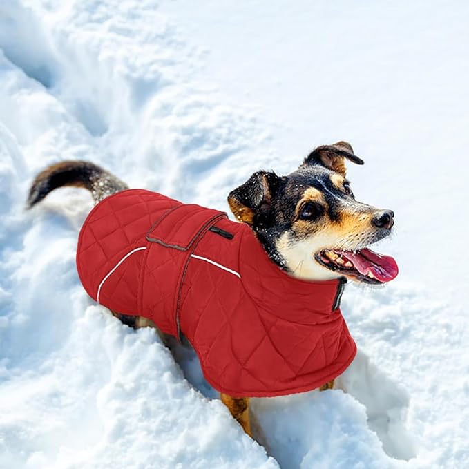 Kuoser Dog Coat Thermal Fleece Lined Dog Jacket, Adjustable Hook & Loop Dogs Coats for Medium Dogs Windproof Reflective Puppy Snow Jackets Pet Cold Weather Clothes with Harness Hole, Red, M