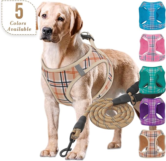 Athena Collection Step-in Dog Harness with 5 ft Leash, Large Dog Harness Leash Set Large No Pull Dog Vest Harness with Reflective Strips Adjustable Velcro, Easy Walk Dog Harness, Beige
