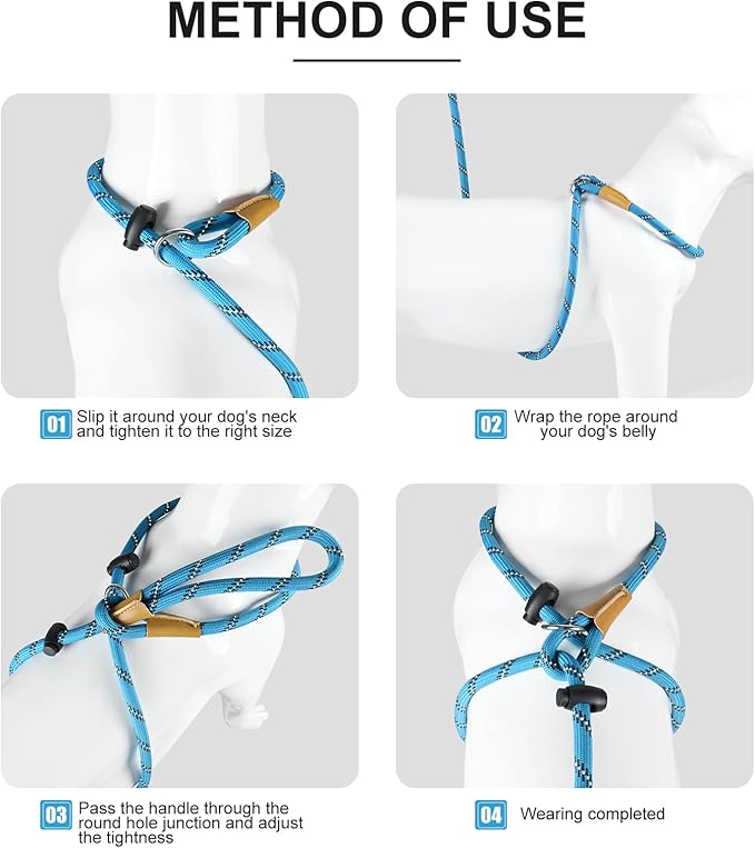 Lynxking No Pull Rope Dog Harness No Pull Reflective Leash Harness Collar 3 in 1 Dog Halter Harnesses Adjustable for Large Giant Dog (Light Blue, Extra Large(up to 80Ibs) 10ft*1/2")