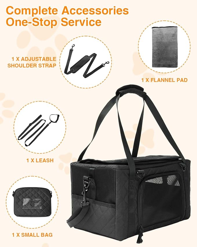 PETUX Collapsible Airline Approved Cat Carrier - 16" x 10" x 9.5", Double Anti-Escape, Small Pet Travel Bag for Small Cats Under 10 lb with Removable Snack Bag, Safety Buckle & Leash - Black