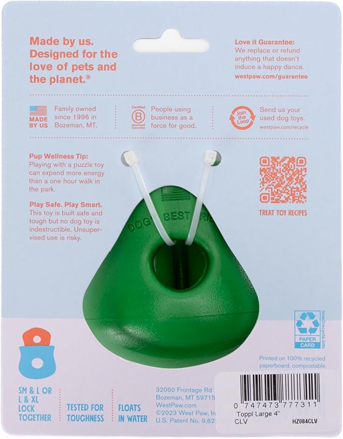 WEST PAW Toppl Durable Dog Treat Puzzle Toy for Medium to Large Dogs- Engaging Interactive Chew Toy for Mental Stimulation, Slow Feeding- 3/4 Cup Capacity - Clover Green, Large