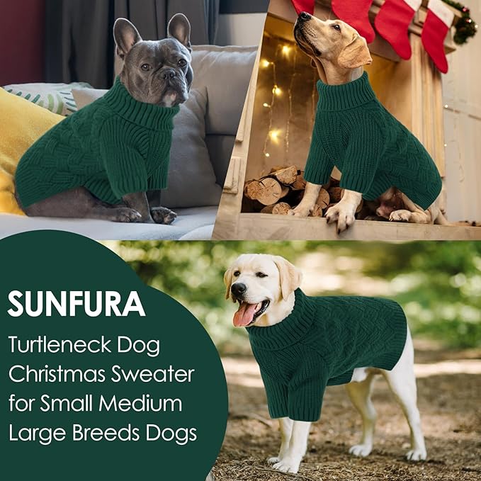 SUNFURA Small Dog Sweater, Turtleneck Dog Sweater for Cold Weather, Puppy Knitwear Pullover for Christmas Thanksgiving, Pet Winter Knitted Sweatshirt for Pug Dachshund, Green S