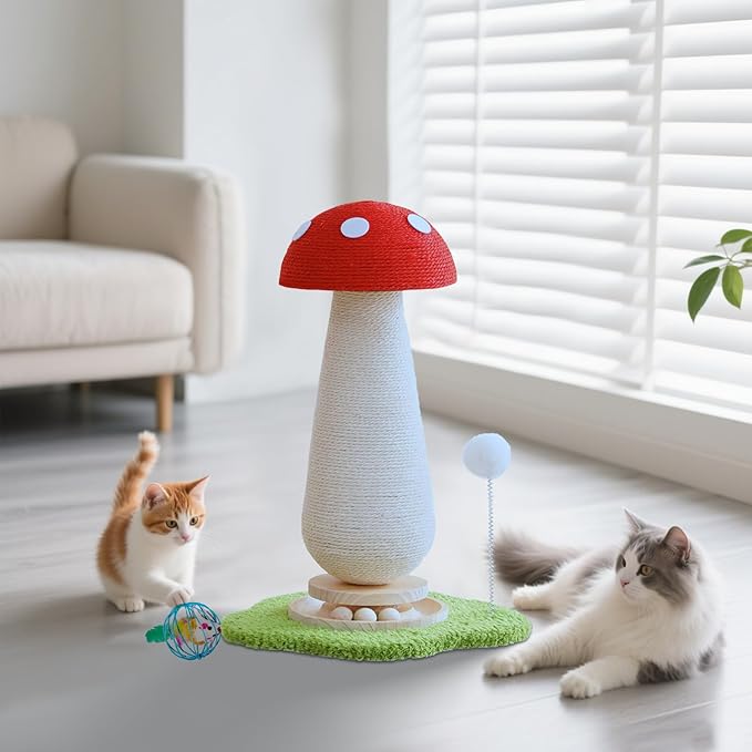 WLHYHHCute Mushroom Shaped Cat Scratching Post - Cat Toy with Ball Lane and Spring-Loaded Pom Poms - 21.25 Inch Tall Sisal Cat Scratching Post for Indoor Cats