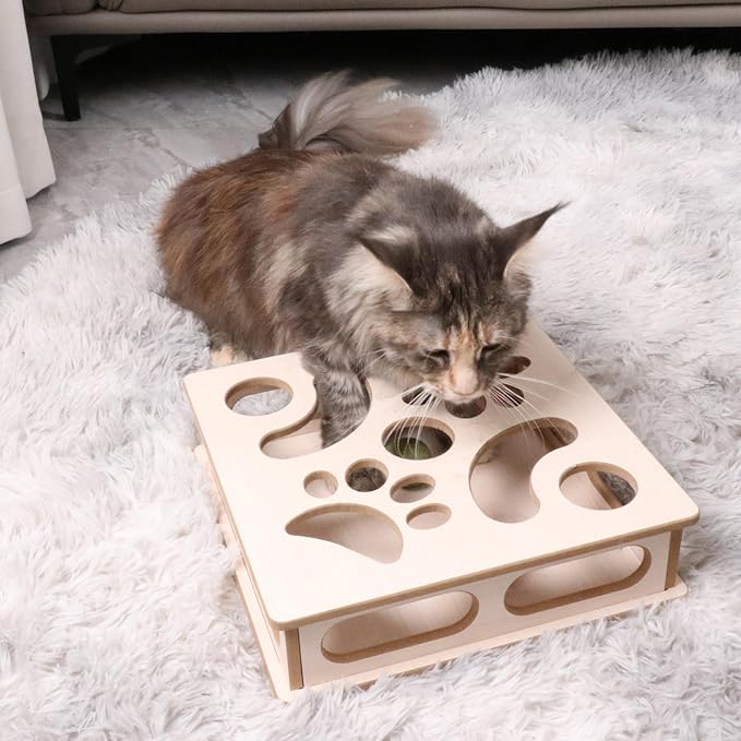 Cat Interactive Box Puzzle Toy with 3 Small Balls and 1 Bell Indoor Hunting Exercise Toy for Kittens Natural Wood Material