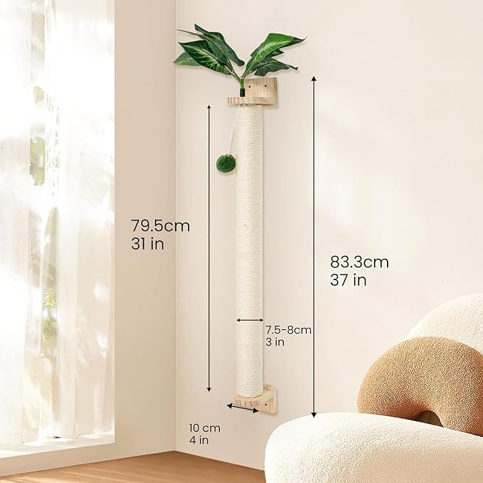 Wall-Mounted Cat Scratching Post with Hanging Ball, Cat Climbing Perch with Sisal & Plush, Space-Saving Cat Tree for Indoor Cats Adult