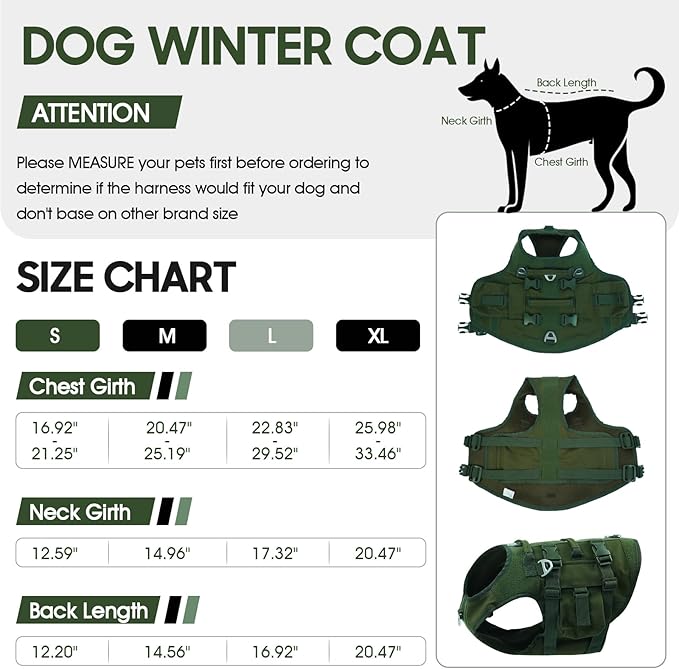 DORA BRIDAL Tactical Dog Harness, Service Dog Molle Vest with Handle, Military Dog Harness with Hook & Loop Panels, Heavy Duty No Pull Adjustable Dog Vest for Training, Walking, Hiking, Green M