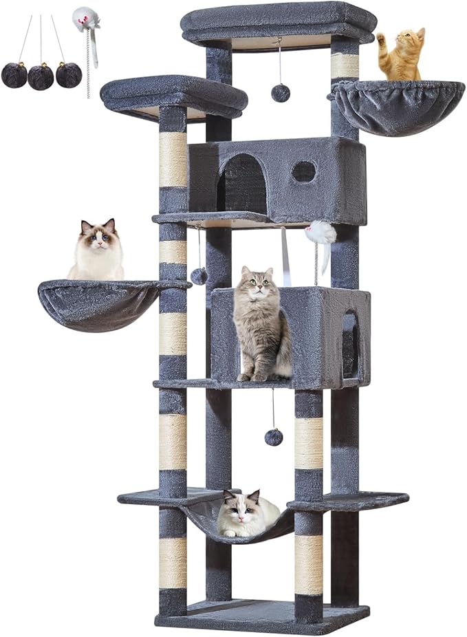Taoqimiao Tall Cat Tree, 76-Inch Cat Tower with Scratching Posts,Sturdy Cat tree for Indoor Cats Large Adult with 2 Condos, 2 Perches, 2 Hanging Baskets, Hammock, 8 Scratching Posts, MS046G Smoke Gray