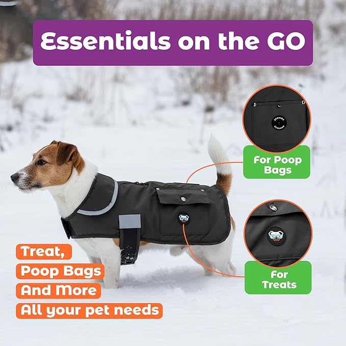 Joyride Harness FrostFlex Dog Winter Jacket - Fleece Lined & Water-Resistant - Snowsuit with Pockets for Treats & Poop Bags - Durable Cold Weather Dog Coat - Black Onyx-M