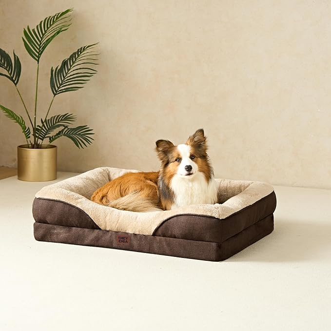 EHEYCIGA Memory Foam Dog Bed for Large Sized, Orthopedic Dog Sofa with Sides and Waterproof Liner, Washable Bolster Pet Couch with Removable Cover, 41x27x7.5 Inch, Brown