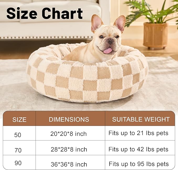 Dog Calming Beds for Small Medium Large Dogs - Round Donut Washable Puppy Dog Bed, Anti-Slip Faux Fur Fluffy Donut Cuddle Anxiety Cat Pet Bed (36" Grid)