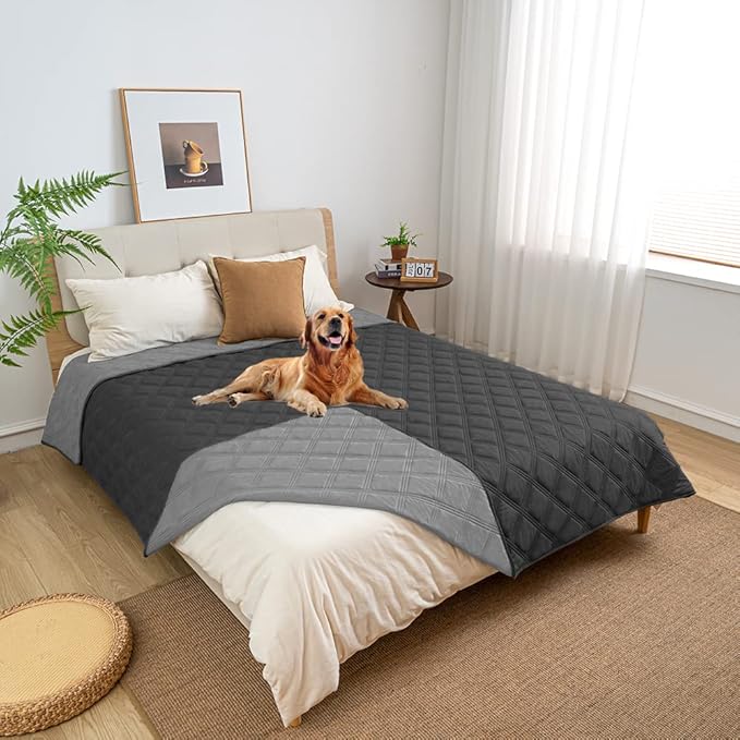 fuguitex Waterproof Dog Blanket Reversible for Small Dogs Resistant Leakproof Washable Couch Cushion Bed Protector Cover for Indoor Furniture Pet Friendly(52"*82",Dark Grey+Grey
