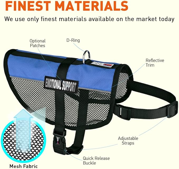 Dogline MaxAire Multi-Purpose Mesh Vest for Dogs and 2 Removable Emotional Support Patches, Medium, Blue