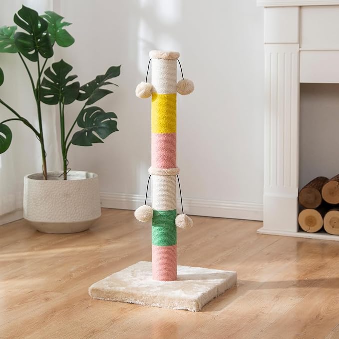 LUCKITTY 30 Inch High Cat Scratching Post with 4 Plush Teasing Toy Balls, Natural Sisal Rope Post and Thickened Base, Red Green Yellow White