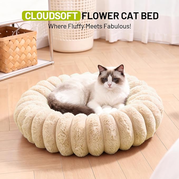 Cloudsoft Flower Cat Bed and Dog Bed, Washable Plush Pet Bed with Non-Slip Water-Resistant Bottom, Faux Furfor Cats & Small Dogs Up to 22 lbs, 22.8"x22.8" (Light Beige)