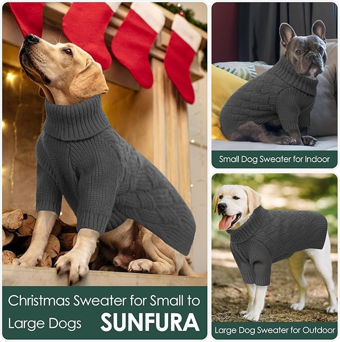 SUNFURA Dog Sweater, Christmas Sweaters for Large Dogs, Solid Color Dog Pullover for Fall Winter, Warm Sweatshirt Knit Turtleneck for Corgi, French Bulldog, Grey L