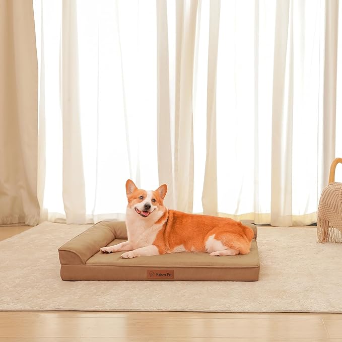 Orthopedic Dog Beds Large Sized Dog, Memory Foam Pet Bed for Large Dogs, Removable and Washable Microsuede Cover, TPU Waterproof Liner, Nonskid Bottom, 41x27x6 Inches, Khaki