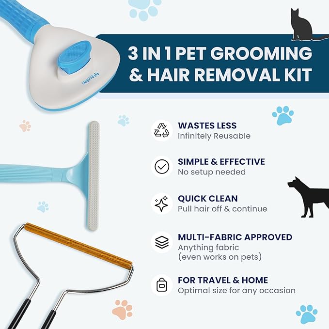 Analan 3-in-1 Pet Hair Remover & Grooming Set for Dogs & Cats – Self-Cleaning Brush for Shedding, Cat Brush, Metal Fur Remover for Couch Carpet & Car, and Rubber Tool for Clothes & Bedding