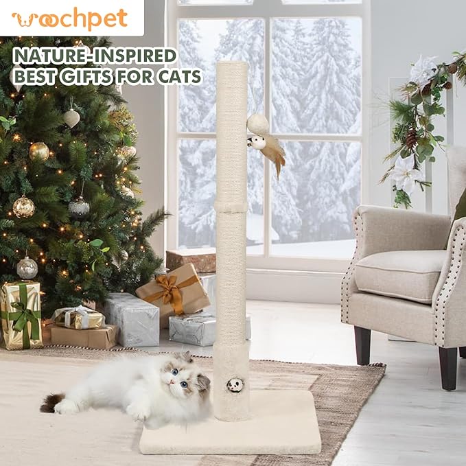 34‘’ Tall Cat Scratching Post with Premium Sisal Rope for Indoor Scratcher Post Tree for Indoor Cat Toy with Mouse Hole, Hanging Ball for Adult Cats and Kittens(Beige)