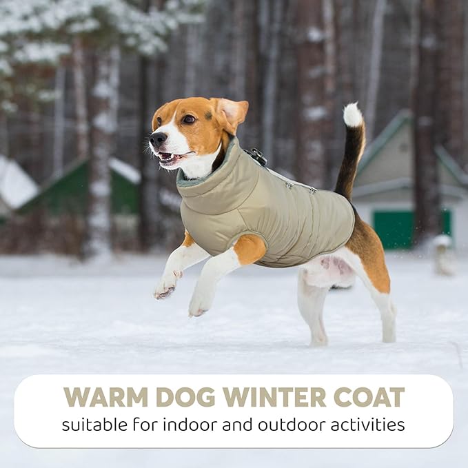 IDOMIK Warm Dog Coat with Harness, Waterproof Reflective Dog Jackets for Small Medium Large Dogs, Fleece High Collar Winter Jacket with Zipper, Pet Winter Snowsuit Clothes for Cold Weather,Khaki M