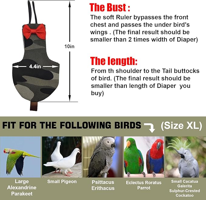 Bird Diaper Washable Reusable Parrot Flight Suit Nappies Protective Breathable Parrot Nappy Clothes for Parakeet, Macaw, Budgie, Canary, Cockatiel (Camouflage, XL)